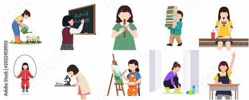 Set of school children character illustrations performing various academic and extracurricular activities