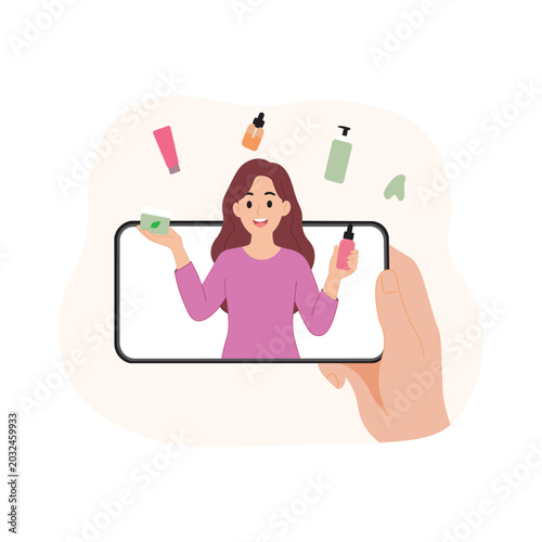 Beauty Influencer Recommending Skincare Products on Smartphone Screen, Social Media Content Creator, Online Cosmetic Review and Digital Marketing Flat Vector Illustration.