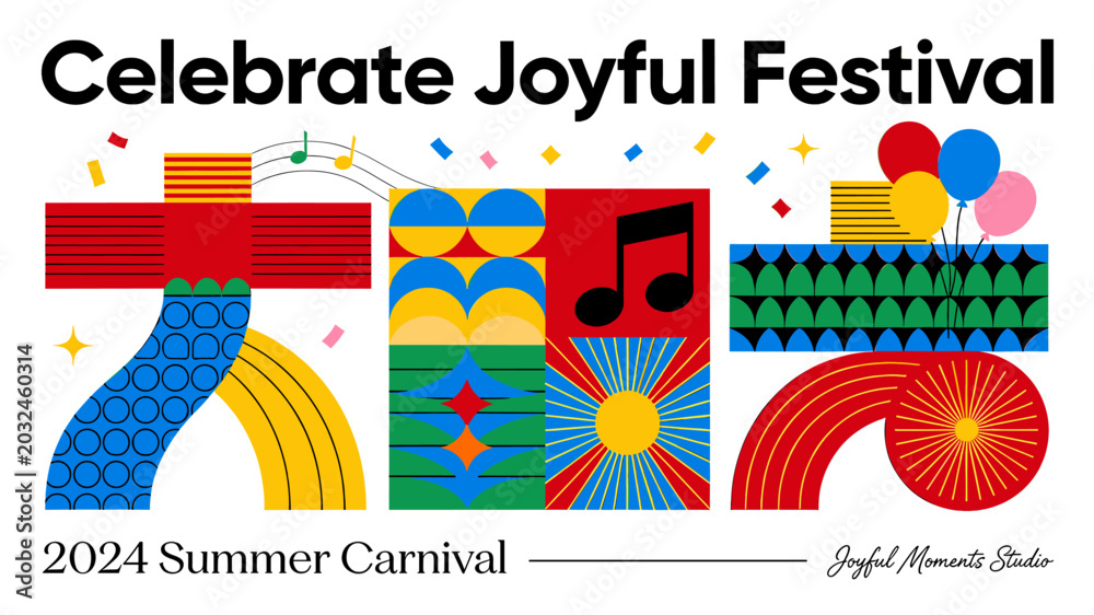 Obraz premium Celebrate Joyful Festival 2024 Summer Carnival with vibrant abstract geometric designs and colorful balloons, evoking a sense of fun and celebration.
