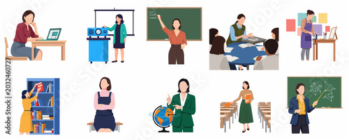Flat vector illustration set of female teachers and educators in various school and classroom activities