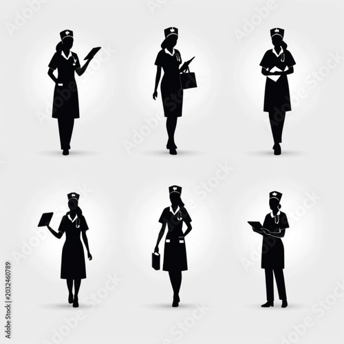 Full length silhouettes of female medical nurses walking and holding clipboards
