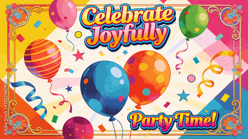 Tableau sur toile A vibrant and colorful illustration featuring balloons, confetti, and streamers, with the text Celebrate Joyfully Party Time! prominently displayed