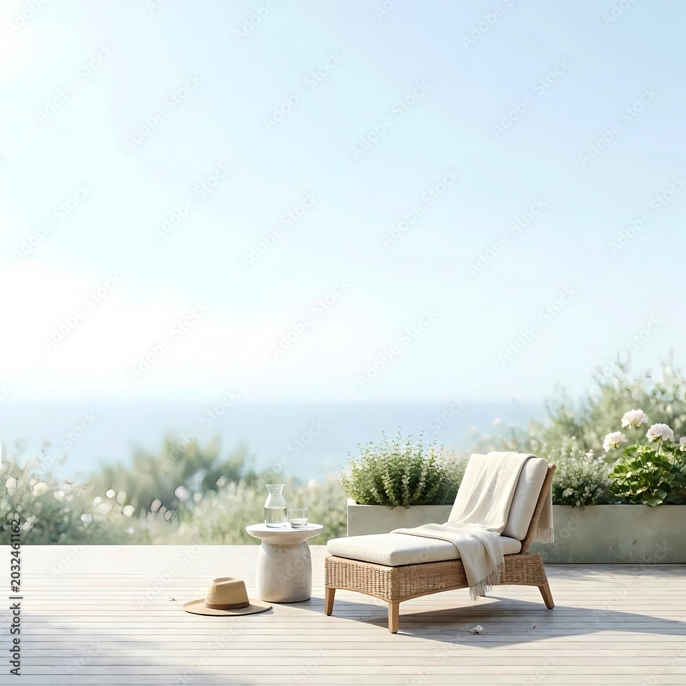 Fototapeta premium Luxurious outdoor resort terrace with lounge chair, straw hat and glass of water overlooking ocean under clear blue sky, wellness summer vacation concept with copy space.