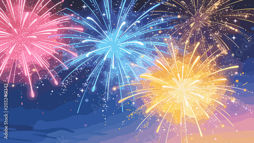Фотография Vibrant fireworks explode in a dazzling display against a twilight sky, illuminating the night with bursts of color and light