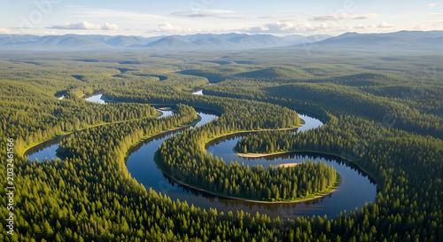 Winding river through boreal forest landscape aerial photography with mountain backdrop meandering