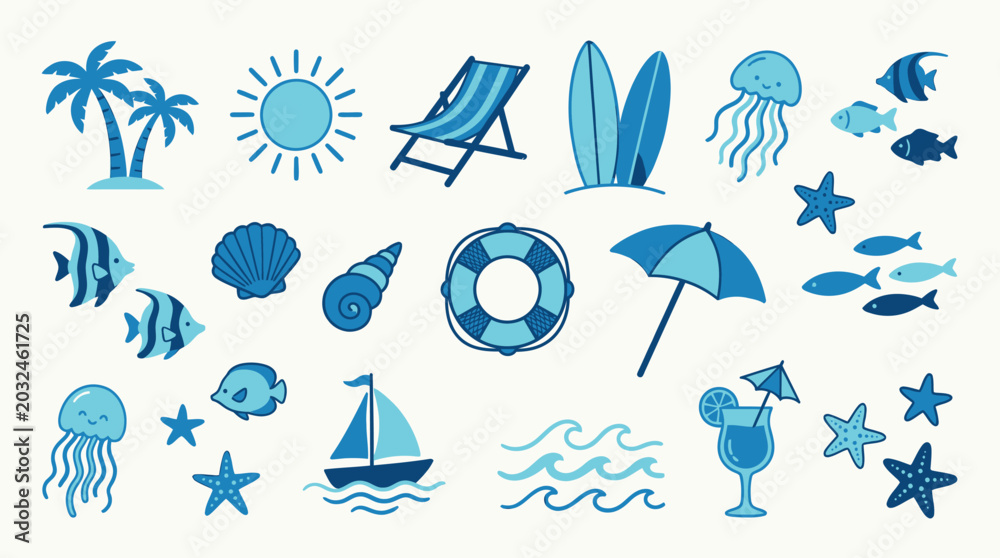 Obraz premium Blue water drops vector set beach sea summer travel icons ocean nautical design illustration symbol logo vacation holiday nature