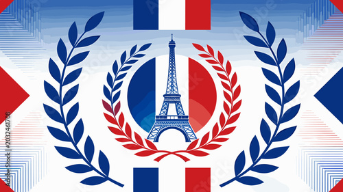 Fotografía Eiffel Tower Emblem with French Flags and Laurel Wreath Symbolizing French National Pride and Heritage