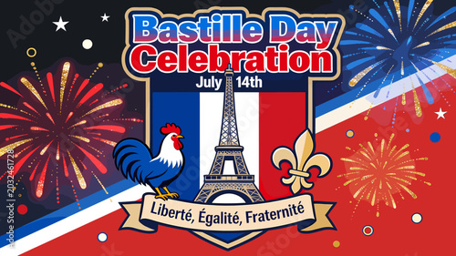 Schilderij op canvas Vibrant Bastille Day Celebration graphic featuring the Eiffel Tower, a rooster, and fireworks, symbolizing French national pride and unity