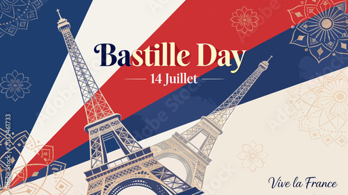 Tableau sur toile Happy Bastille Day illustration featuring the Eiffel Tower and French flag colors, celebrating France's National Day on July 14th