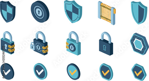 Bild auf Leinwand Isometric Cybersecurity Vector Icon Set with Shields Combination Padlocks Keyhol
