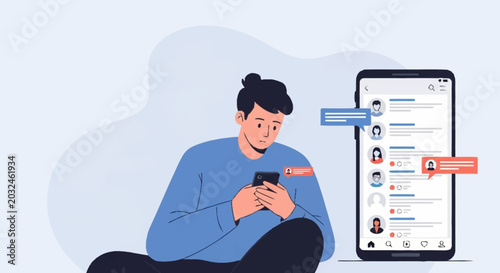 Young man using mobile phone for social media and communication.