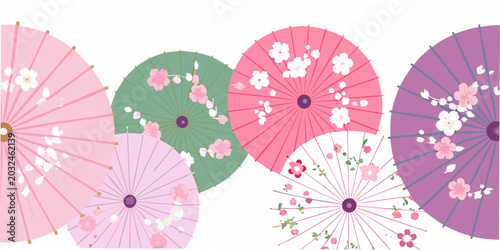 Foto Floral paper umbrellas vector illustration with pastel shades and white backgrou