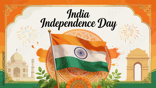 Vibrant illustration celebrating India Independence Day with the national flag, fireworks, Taj Mahal, and India Gate against an orange and green background.