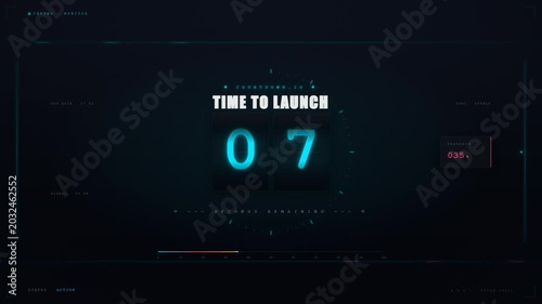 Futuristic launch sequence countdown progression interface with timer screens and liftoff complete status