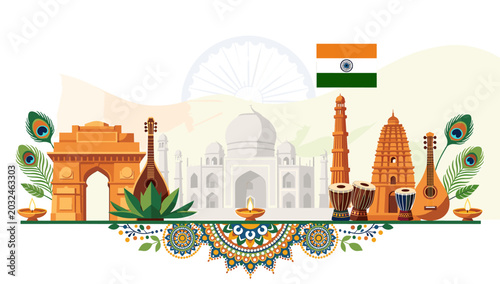 Foto A vibrant illustration showcasing iconic Indian landmarks, cultural symbols, and musical instruments against a backdrop of the Indian flag