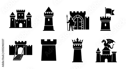 Фотография Medieval Castle Icons, Fortress Towers, Fantasy Dragon, Royal Keep Vector Set
