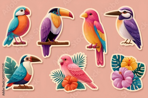 Colorful tropical birds and hibiscus flowers sticker set