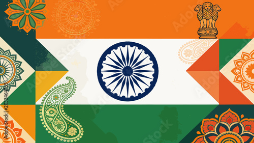 Foto Vibrant Indian flag design with traditional paisley and mandala motifs, symbolizing national pride and cultural heritage