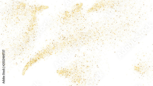 Golden glitter dust splash on white background, sparkling gold sand texture, shimmering metallic particles for luxury holiday design