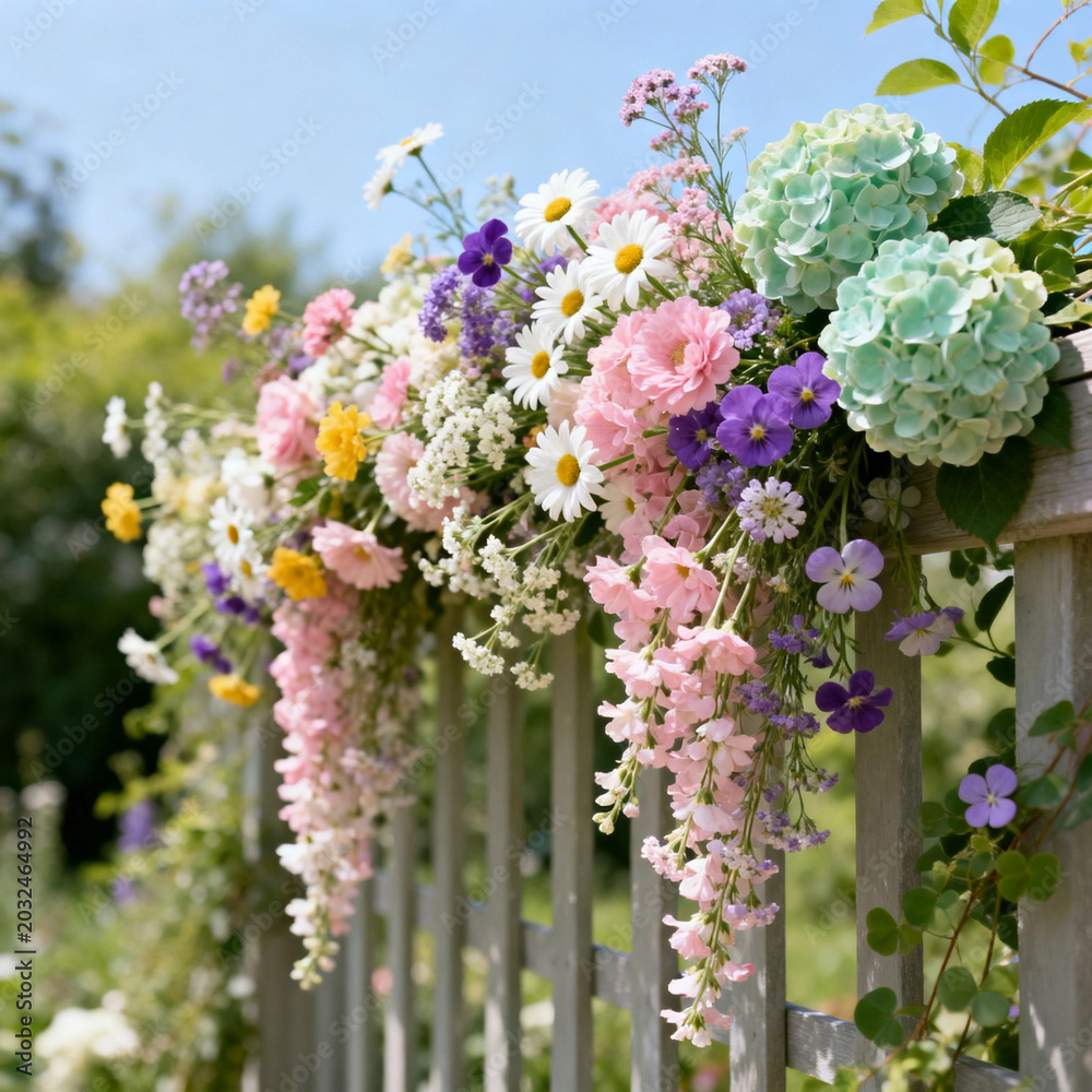 Obraz premium Lush Cascading Mixed‑Spring‑Blooms Wooden Fence Thread‑Embroidery Art