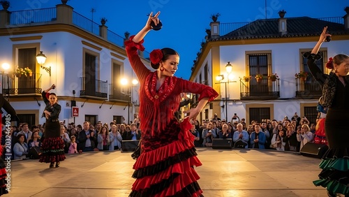 Flamenco dancers perform in a Spanish town square at dusk.