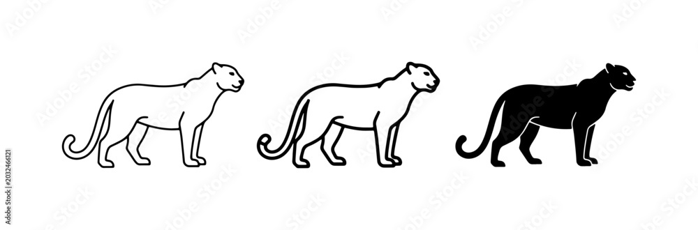Fototapeta premium Panther Icons: Silhouette, Outline, and Filled Vector Art