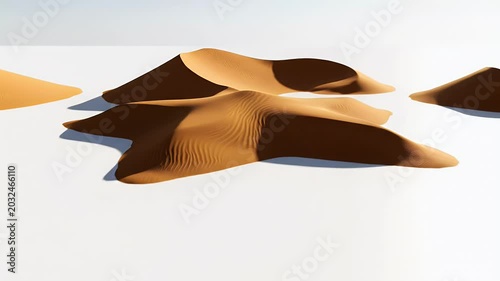 A minimalist desert landscape with sculpted sand dunes against a white background