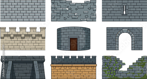 Tablou pe pânză Medieval Stone Wall and Castle Ruins Elements Set Featuring Fortress Bricks Arch