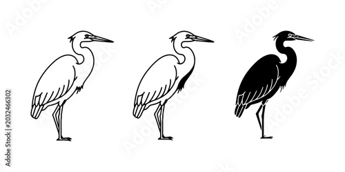Bild auf Leinwand Heron Bird Vector Set, Line Art and Silhouette Icons