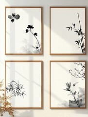 Four minimalist ink paintings of plants and flowers