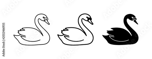 Fotografi Elegant Swan Icons, Black and White Vector Art, Graceful Bird Graphics