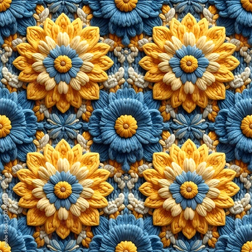 A vibrant floral pattern featuring blue and yellow flowers