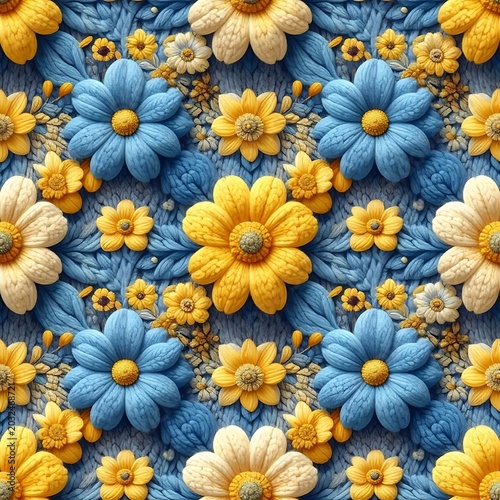 A vibrant floral pattern featuring blue, yellow, and white flowers