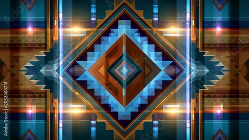 Beautiful Native American inspired neon light play design with symmetrical abstract background, colorful geometric pattern with tribal art mood and futuristic glow concept.