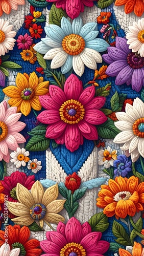 A vibrant floral pattern featuring numerous colorful flowers