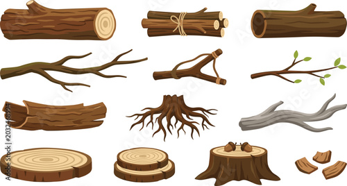 Tableau sur toile Rustic Tree Branch and Wooden Log Elements Collection Featuring Twigs Roots Stum