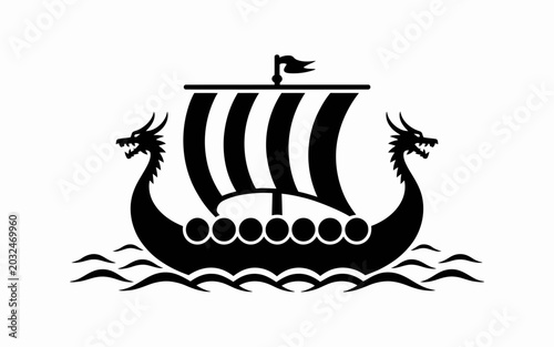 Black silhouette of a viking longship with double dragon head prows sailing on ocean waves on white background