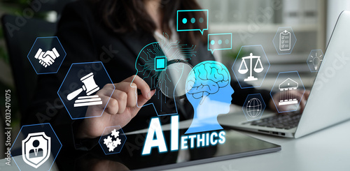 Canvastavla Business professional interacts with artificial intelligence ethics concept using modern technology and visual graphics in a corporate environment Quark