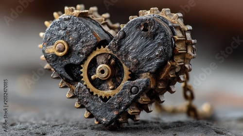 A close-up view of a metal heart sculpture, constructed from gears, chains, and other components