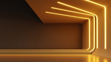 Modern architectural space features glowing yellow linear illumination along curved walls and flooring