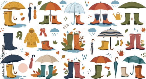 фотографія Rainy Season Vector Icon Set with Colorful Umbrellas, Wellington Boots, Raincoat
