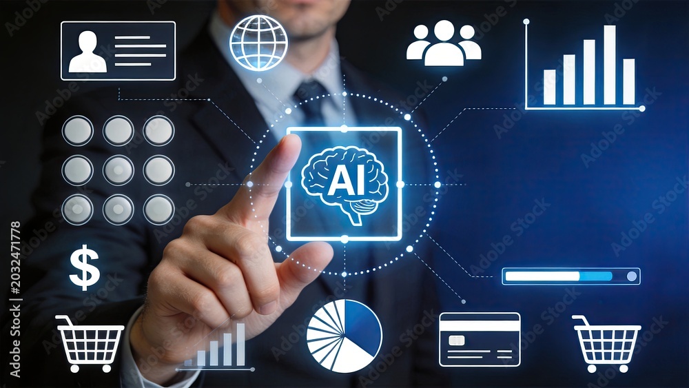 Fototapeta premium Businessman in suit touching virtual AI brain icon, surrounded by financial charts, shopping carts, and user profile symbols, representing digital marketing strategy, e-commerce