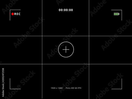 Bild auf Leinwand Camera viewfinder overlay screen with grid lines, rec indicator, full HD 1080p resolution text, and battery status on black background