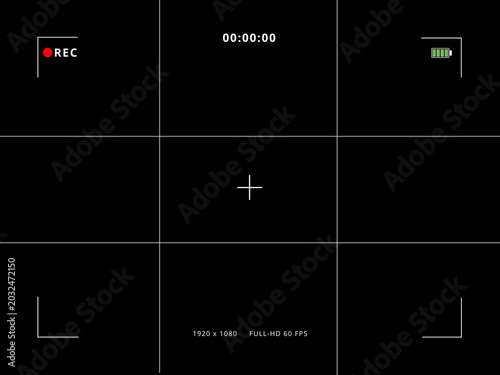 Fotografía Camera viewfinder overlay screen with grid lines, rec indicator, full HD 1080p resolution text, and battery status on black background