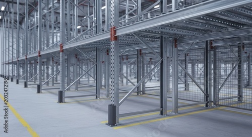 Empty warehouse racks with metal structure and industrial concrete floor in storage space
