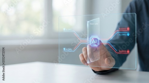AI Hardware Supply Risk - A hand pauses an AI chip at a digital policy gate, splitting routes into allowed and blocked lanes on a clean, minimalistic user interface.