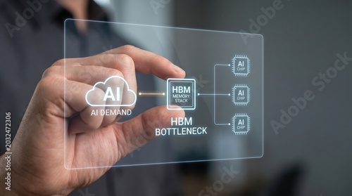 AI Hardware Supply Risk - A hand pinches a narrow HBM chip, illustrating a bottleneck between AI demand and semiconductor technology on a clean, minimal background.