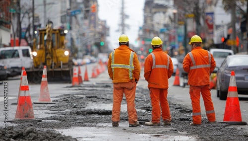 Construction workers in orange vests observe road repair work on a city street.