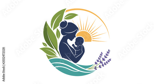 A serene and nurturing logo design depicting a mother holding her baby amidst natural elements like leaves, water, and a rising sun, symbolizing growth and new beginnings