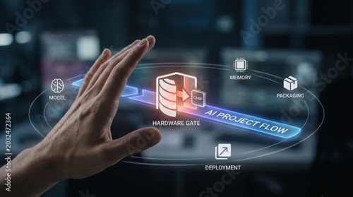 AI Hardware Supply Risk - A hand pauses an AI project at a half-open hardware gate, highlighting a blocked checkpoint in a sleek, minimal tech interface.